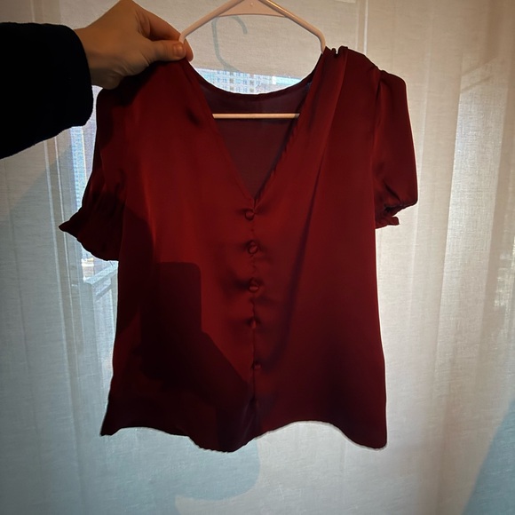 Elegant Burgundy V-Neck Blouse satin frill button front puff sleeve office night - Picture 11 of 11
